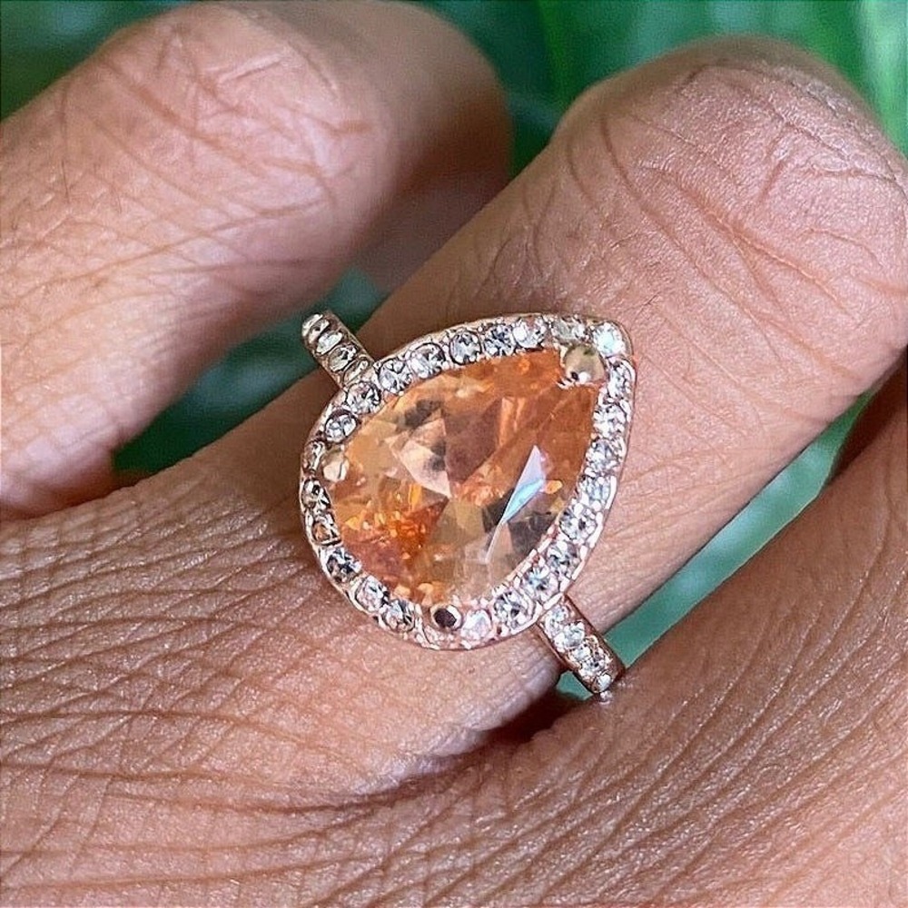 New Rose Gold 8 Teardrop Pink Peach Crystal Halo Ring Teardrop Pave Band